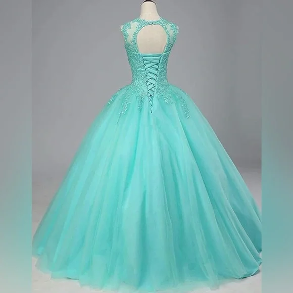 Women Tulle Prom Dress Long Appliques Beaded Quinceanera Dress Formal Ball Gown - Picture 3 of 10